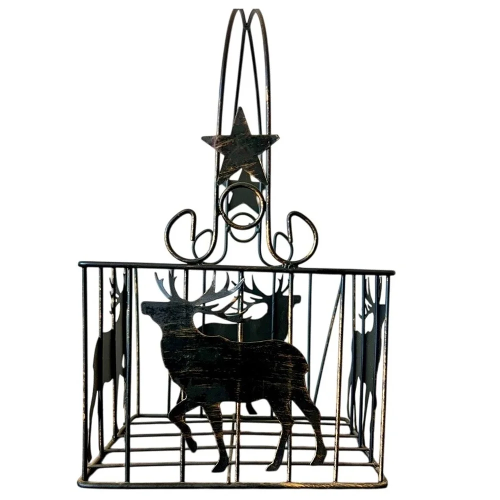 Rustic‎ Metal Reindeer Christmas Basket Star Handle Black Distressed 12in